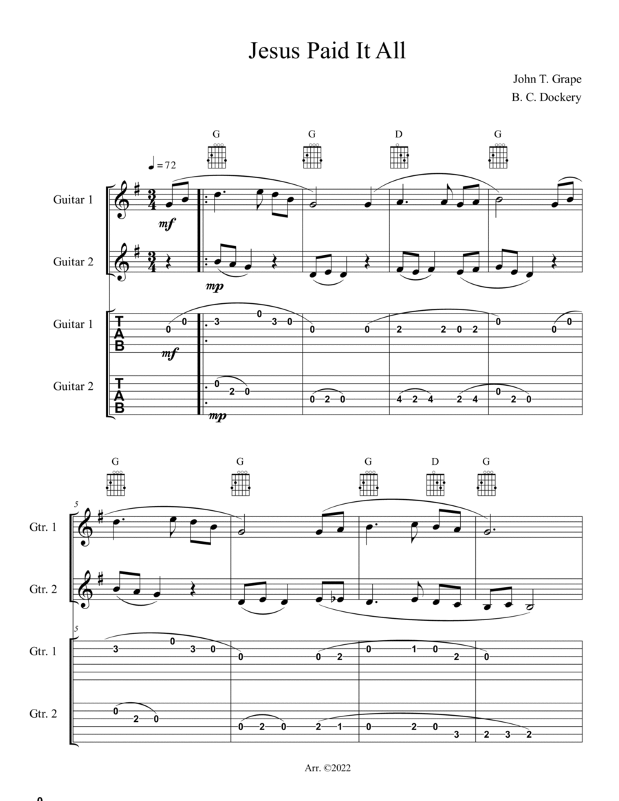 Jesus Paid It All (Guitar Duet or Trio with TAB) Guitar Tablature scores gallery preview page 1