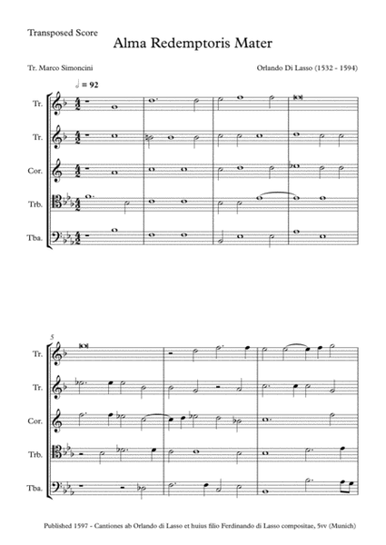 Di Lasso, Orlando - Alma Redemptoris Mater - Brass Quintet image number null