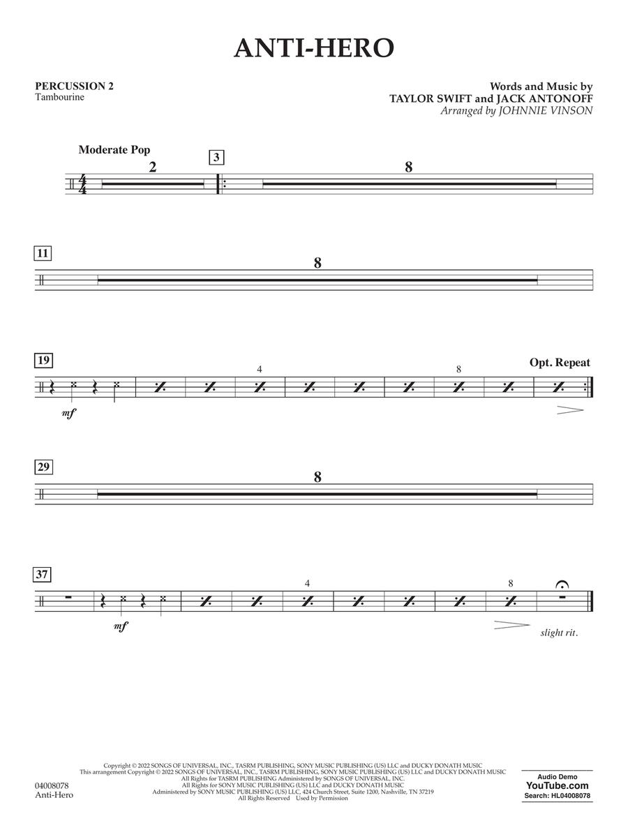 Anti-Hero (arr. Johnnie Vinson) - Percussion 2 Concert Band scores gallery preview page 1