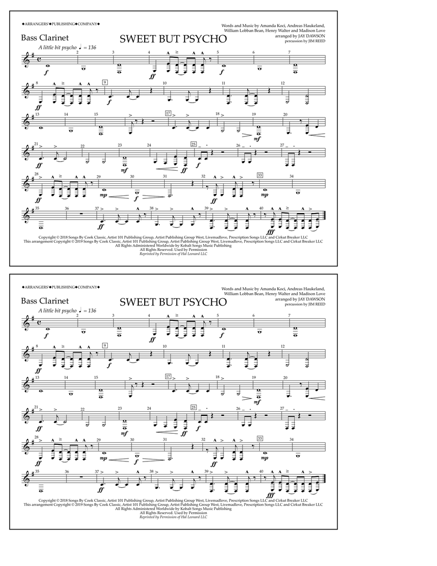 Sweet But Psycho (arr. Jay Dawson) - Bass Clarinet Marching Band scores gallery preview page 1