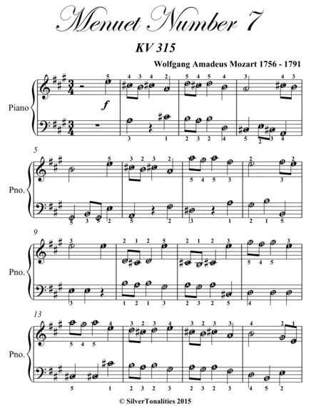 Menuet Number 7 KV 315 Easy Piano Sheet Music