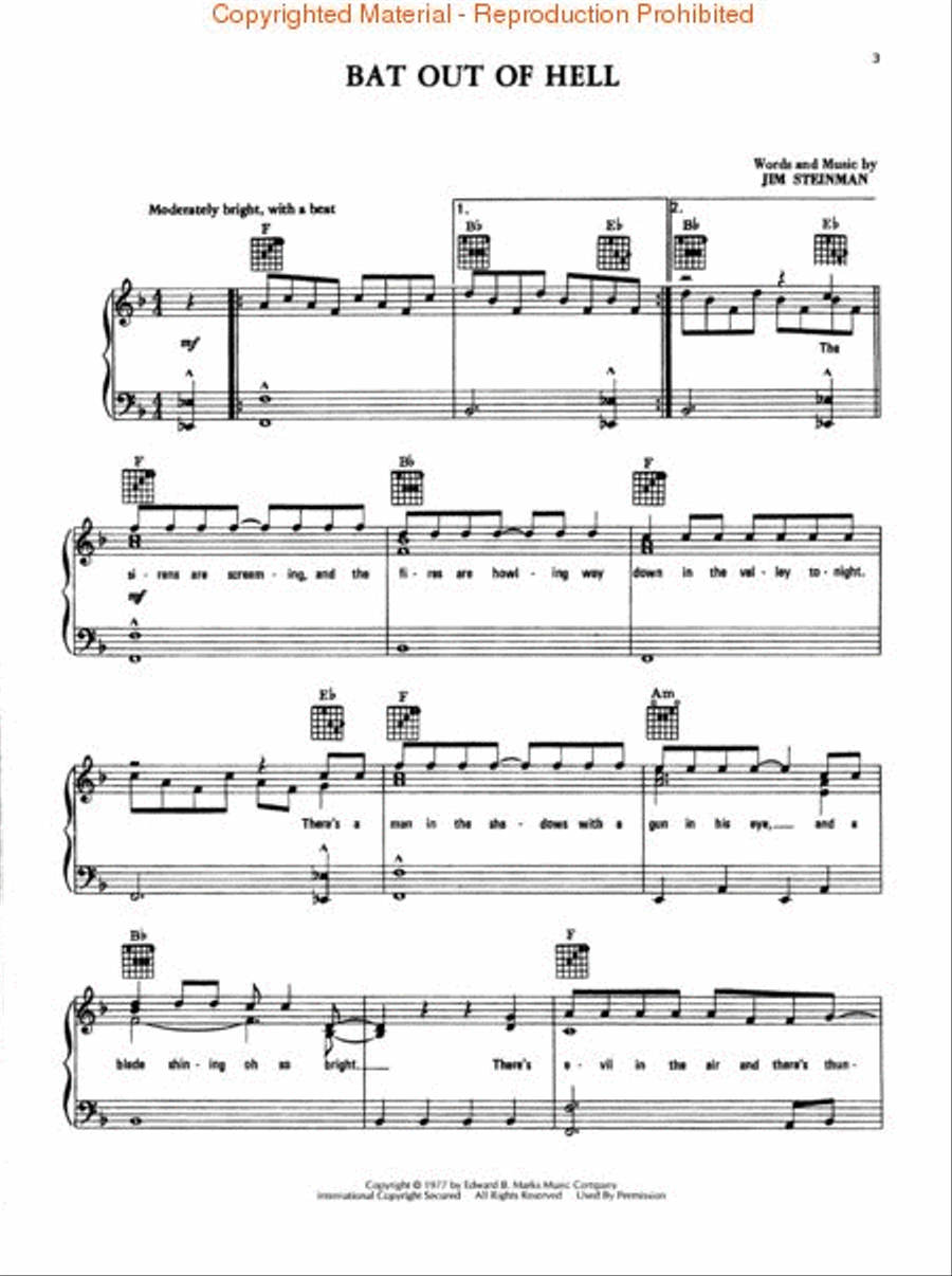 Meat Loaf – Bat Out of Hell Piano, Vocal, Guitar scores gallery preview page 3