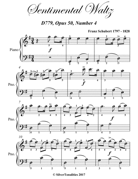 Sentimental Waltz Opus 50 Number 4 Easy Piano Sheet Music