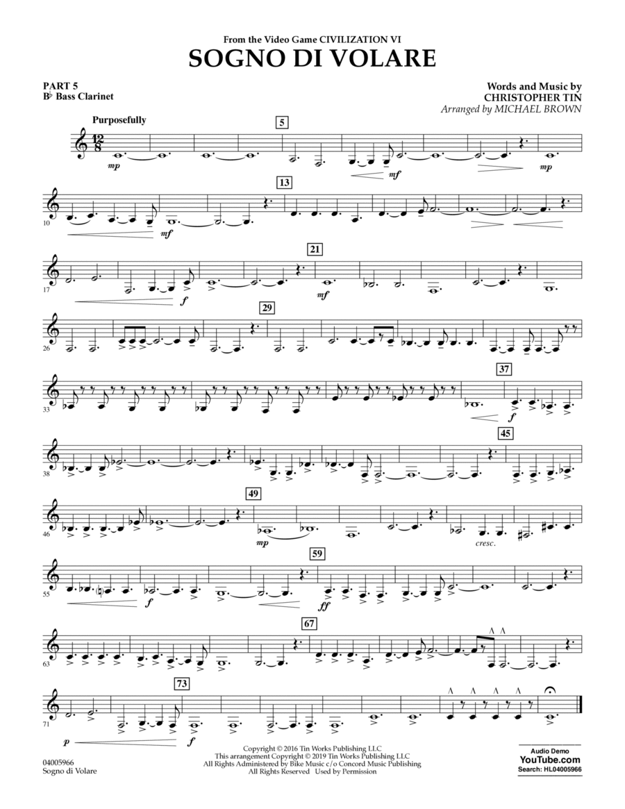 Sogno di Volare (from Civilization VI) (arr. Michael Brown) - Pt.5 - Bb Bass Clarinet