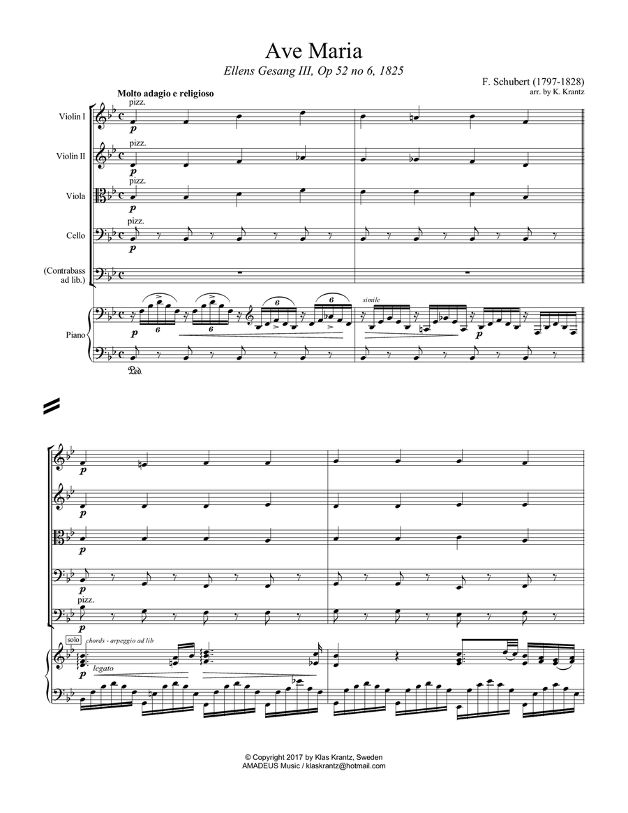 Ave Maria (Schubert) for string quartet/quintet and piano (solo) Piano Quintet scores gallery preview page 2