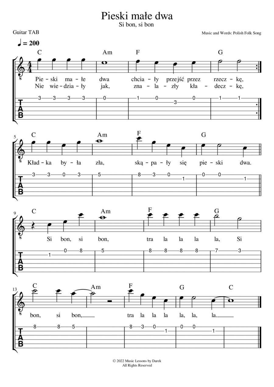 Pieski małe dwa (Si bon, si bon), Polish Folk Song | Polish Version of Two Little Dogs [GUITAR TAB] Acoustic Guitar scores gallery preview page 1