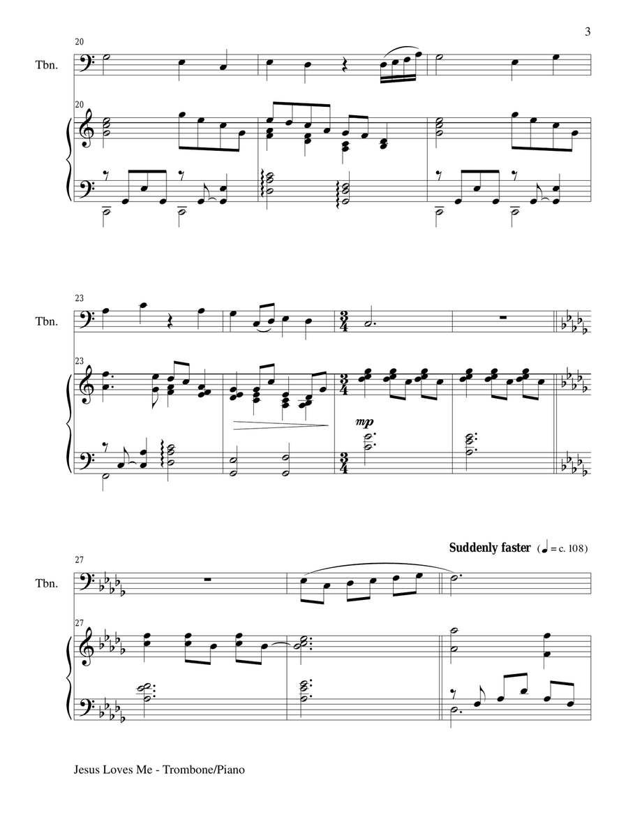 JESUS LOVES ME (Duet – Trombone and Piano/Score and Parts) Trombone Duet scores gallery preview page 3