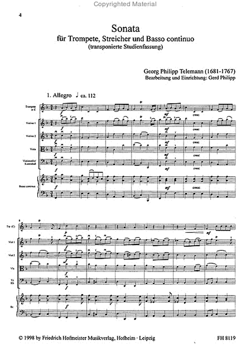 Sonata fur Trompete, Streicher und B.c./ Partitur