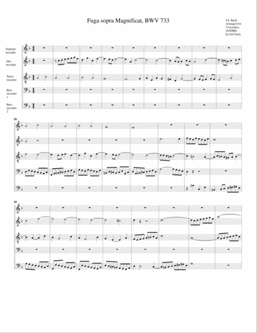 Fuga sopra Magnificat, BWV 733 (arrangement for 5 recorders) Recorder scores gallery preview page 1