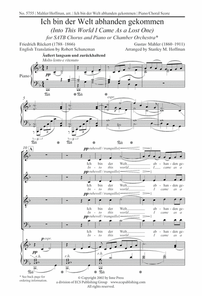 Ich bin der Welt abhanden gekommen: Into This World I Came As a Lost One (Piano/Choral Score) (Downloadable)