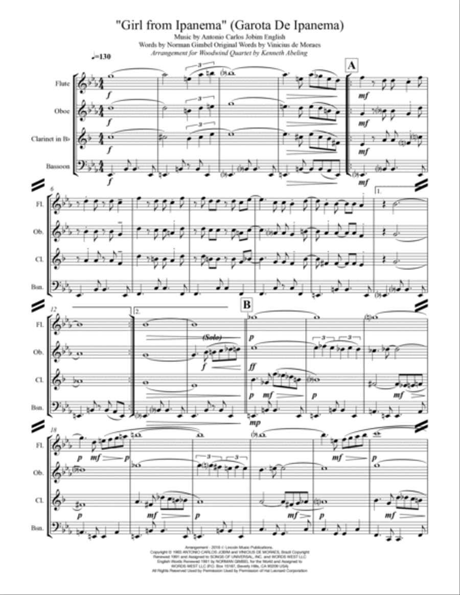 The Girl From Ipanema (Garota De Ipanema) Woodwind Quartet scores gallery preview page 2