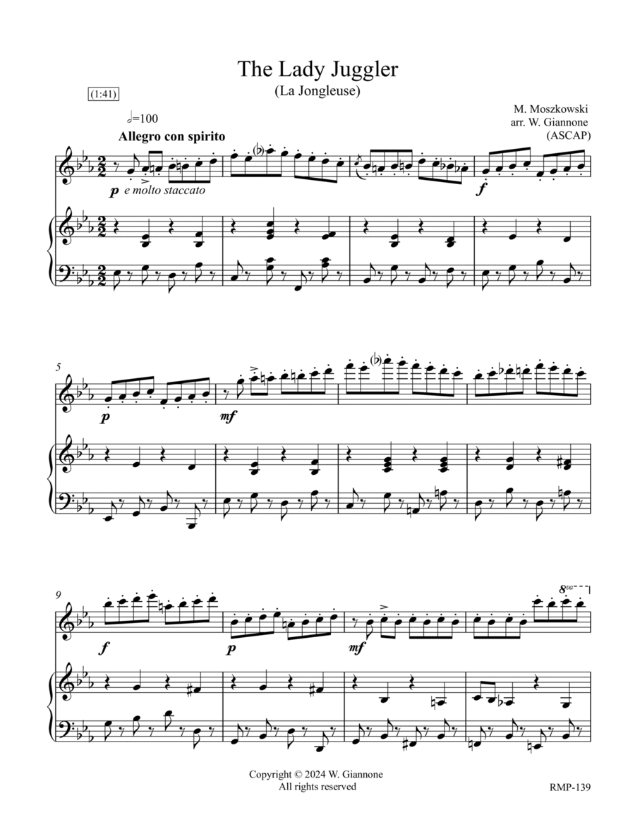Moszkowski - The Lady Juggler (La Jongleuse) for flute and piano Flute scores gallery preview page 1