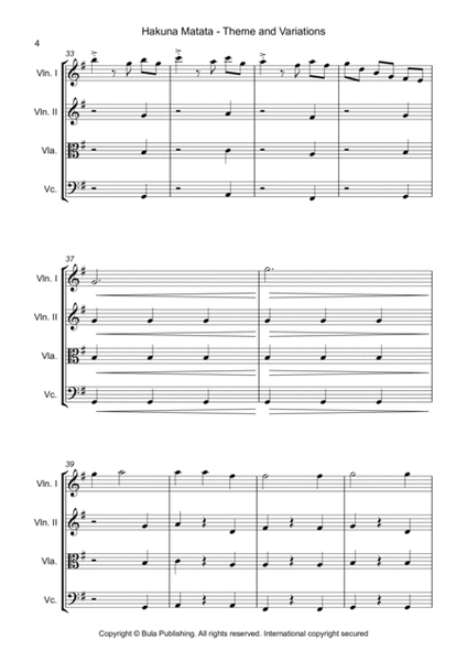 Hakuna Matata Theme & Variation - Easy String Quartet - Score image number null