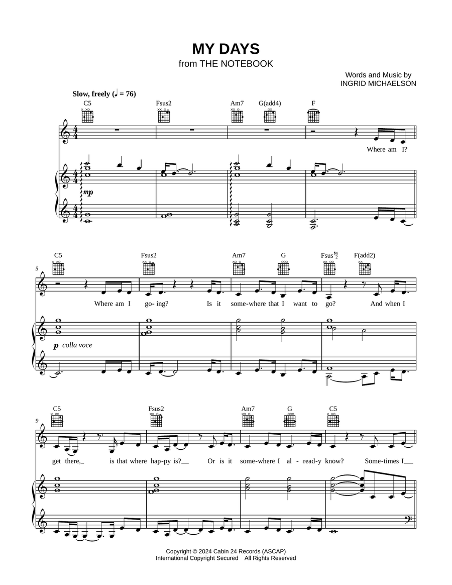 My Days Piano, Vocal, Guitar scores gallery preview page 1