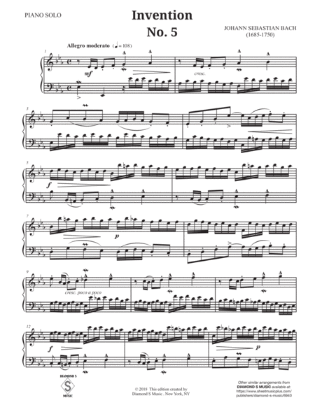 2-Part Invention No. 5 in Eb major by J.S. BACH, BWV 776 for Solo Piano image number null