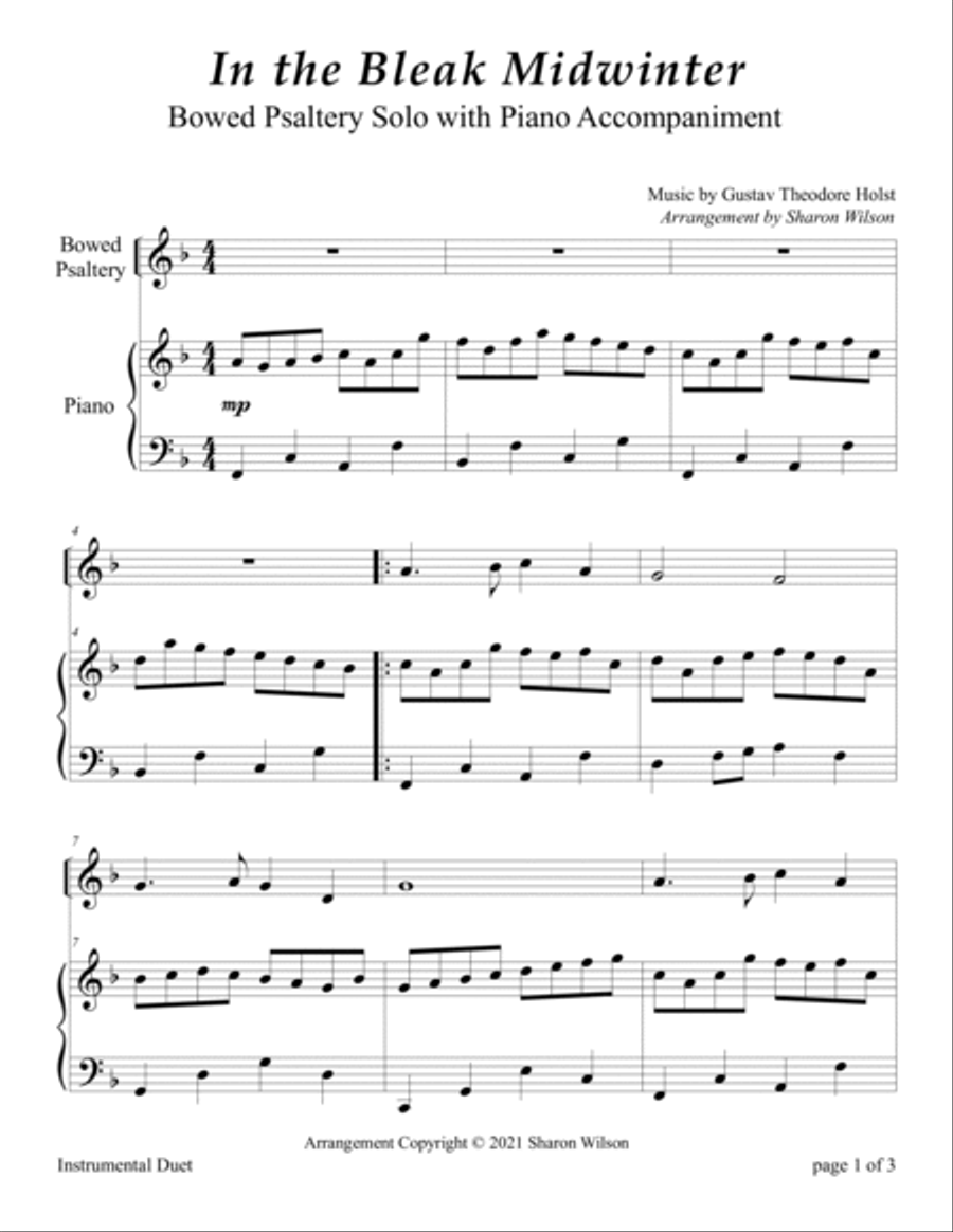 In the Bleak Midwinter (Easy Bowed Psaltery Solo with Piano Accompaniment) Zither scores gallery preview page 3
