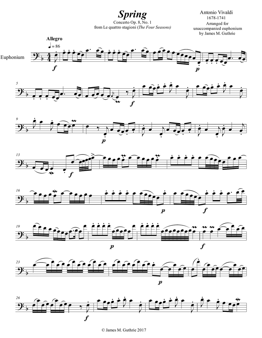Vivaldi - The Four Seasons: Spring for Solo Euphonium Euphonium scores gallery preview page 1
