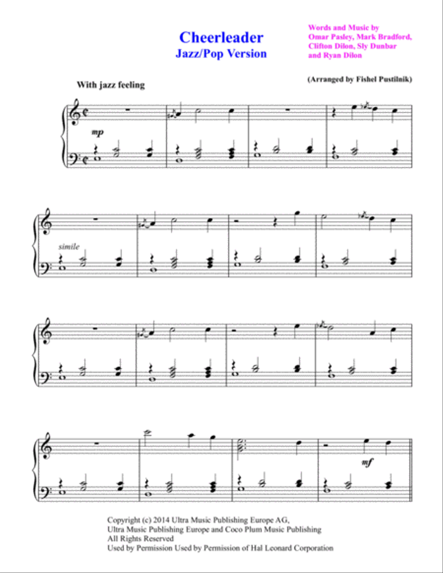 Cheerleader Piano Solo scores gallery preview page 2