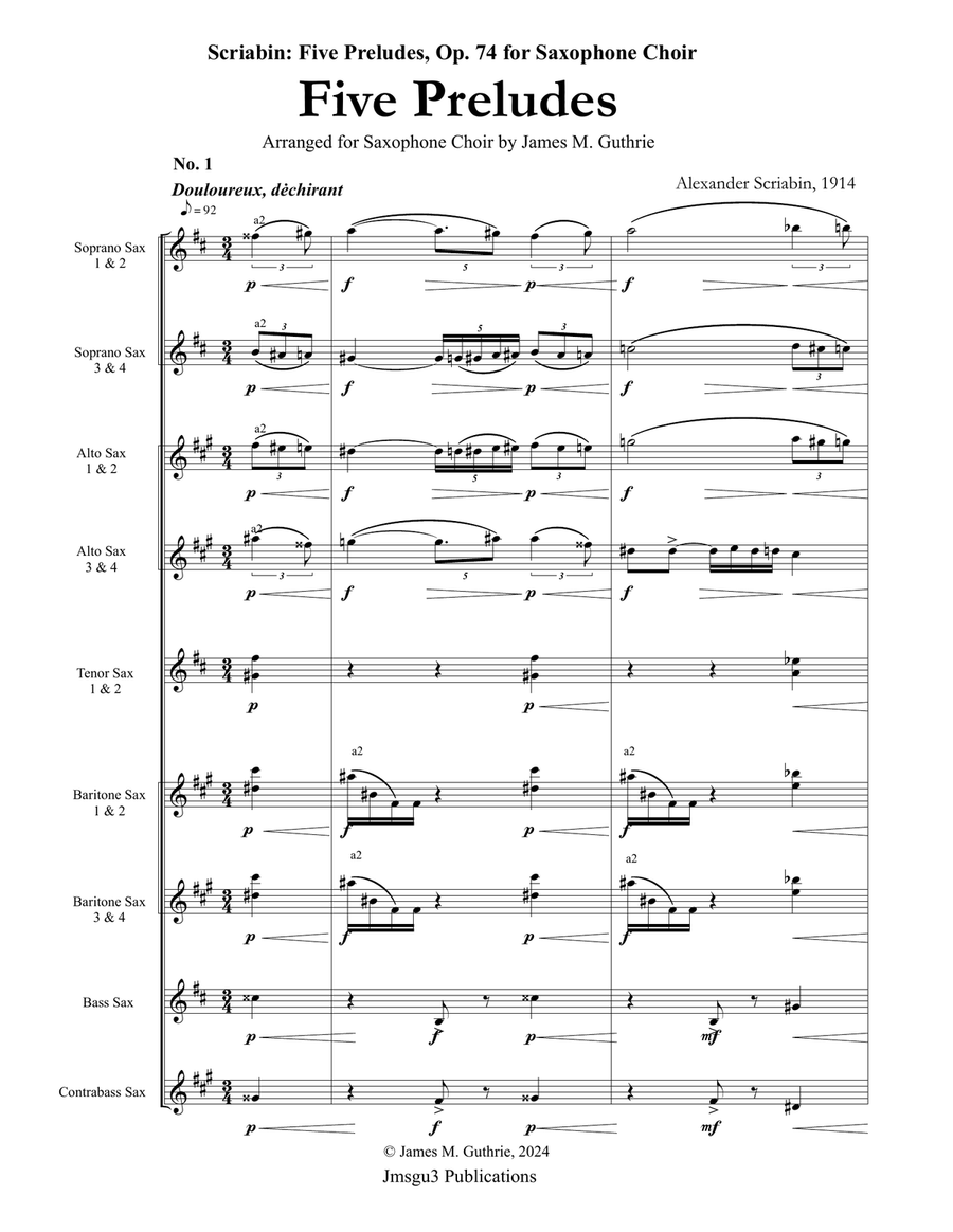Scriabin: Five Preludes, Op. 74, for Saxophone Choir Woodwind Ensemble scores gallery preview page 1