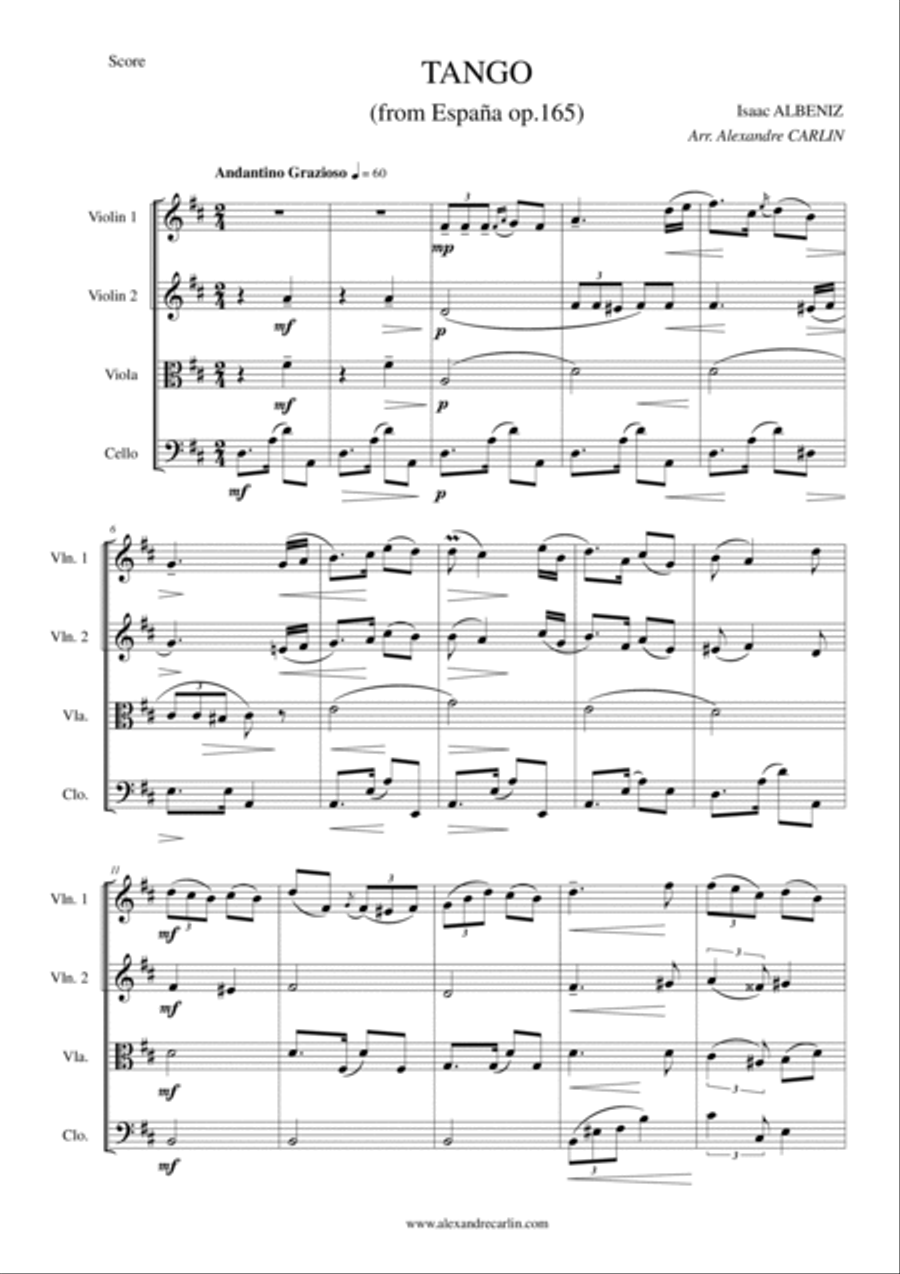 Tango by Albeniz - Arranged for String Quartet or Ensemble String Quartet scores gallery preview page 5