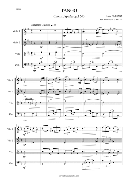 Tango by Albeniz - Arranged for String Quartet or Ensemble image number null