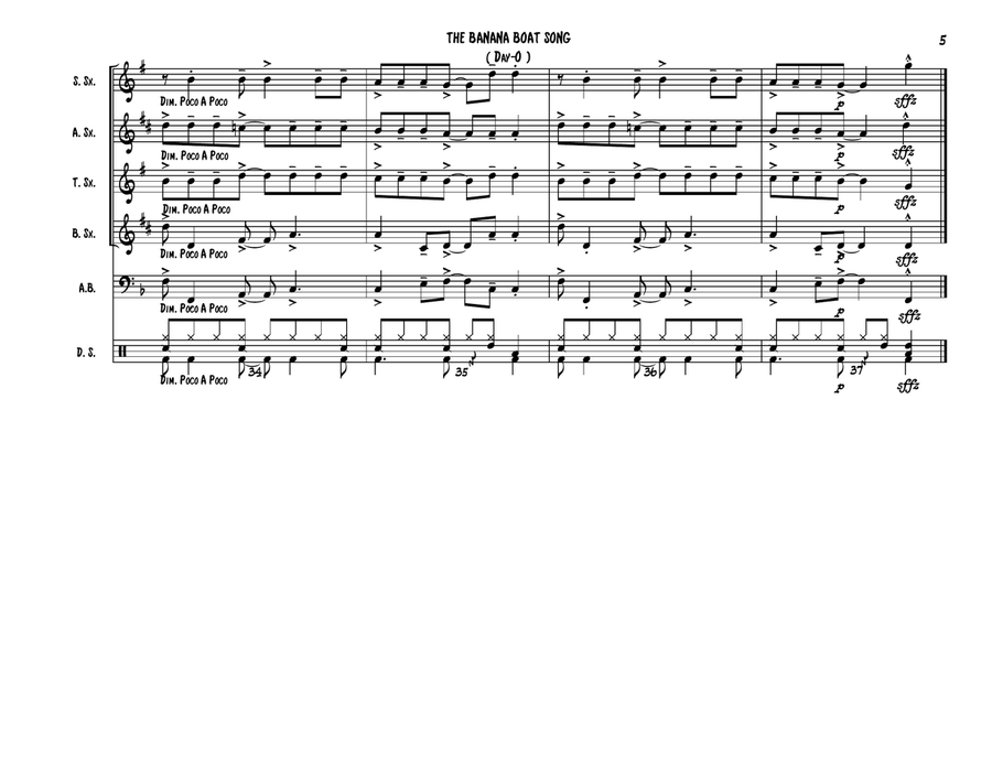 The Banana Boat Song (Day - O) - Sax Quartet (SATB or AATB) Plus Optional Acoustic Bass and Drum Set Saxophone Quartet scores gallery preview page 5