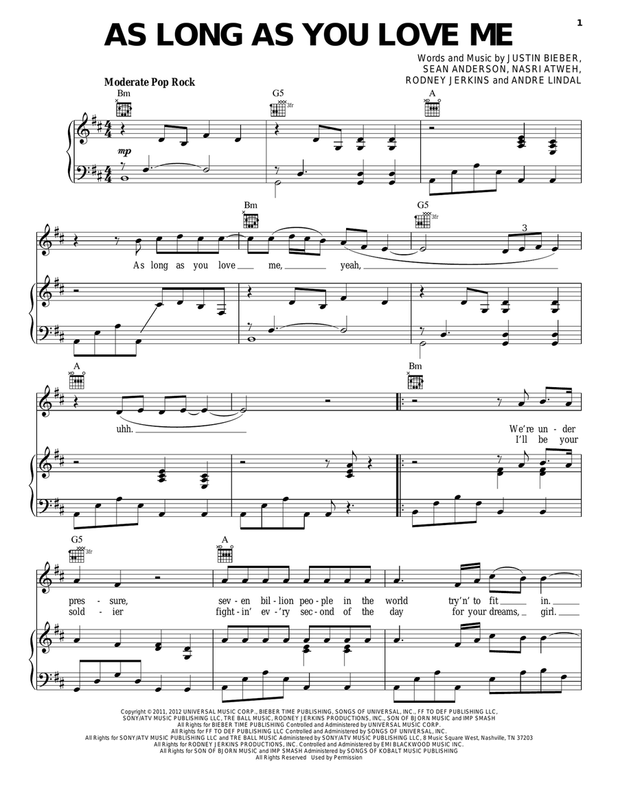 As Long As You Love Me As Long As You Love Me Piano, Vocal, Guitar scores gallery preview page 1
