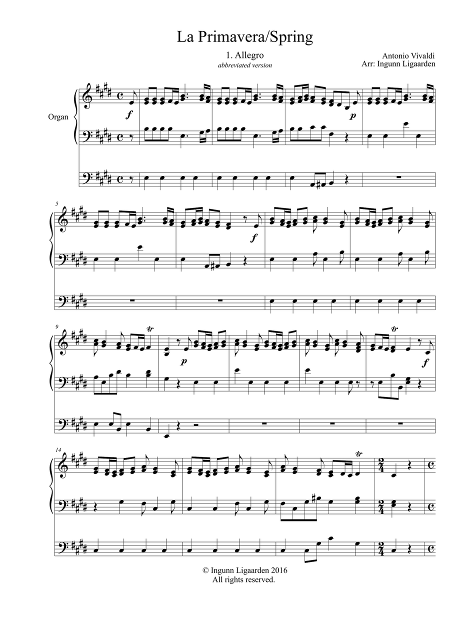 Spring/La Primavera from The Four Seasons - 1. Allegro - for Organ Solo Organ Solo scores gallery preview page 1