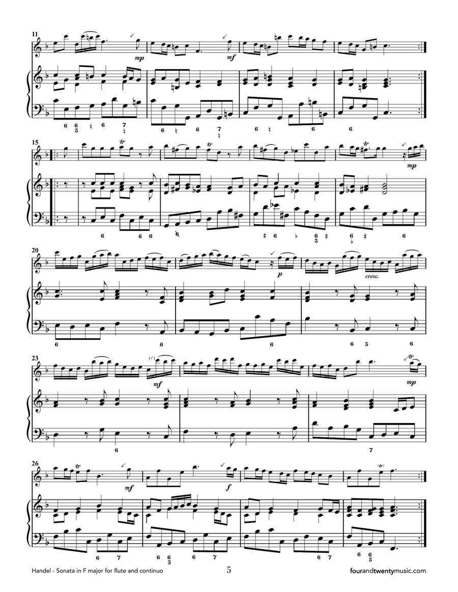 Sonata in F Major for Flute/ recorder and continuo/ piano, opus 1 no 11/HWV 369 Woodwind Duet scores gallery preview page 5