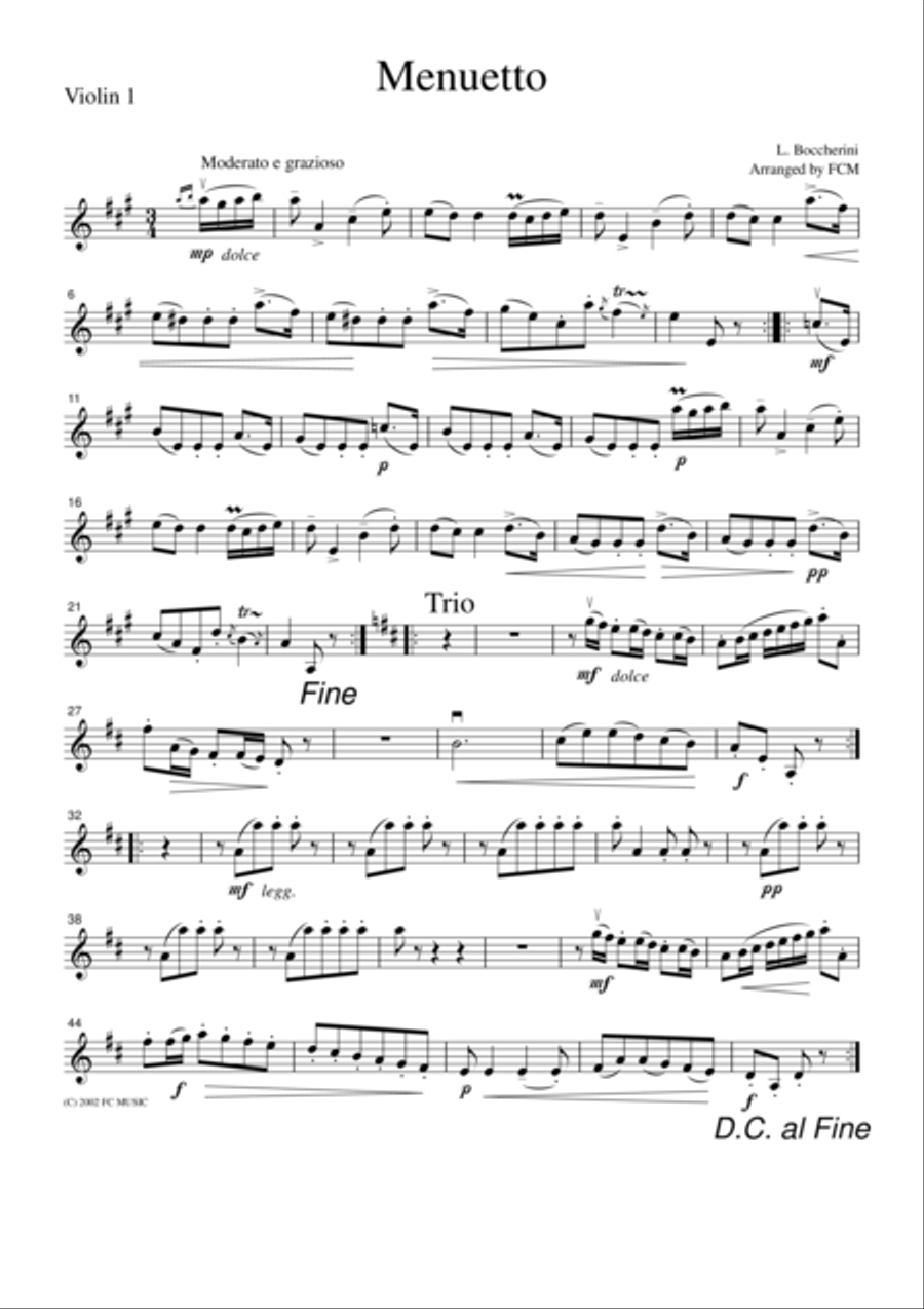 Boccherini Menuetto (String Quintet Op.13, No.5, 3rd mvt.), for string quartet, CB401 String Quartet scores gallery preview page 1