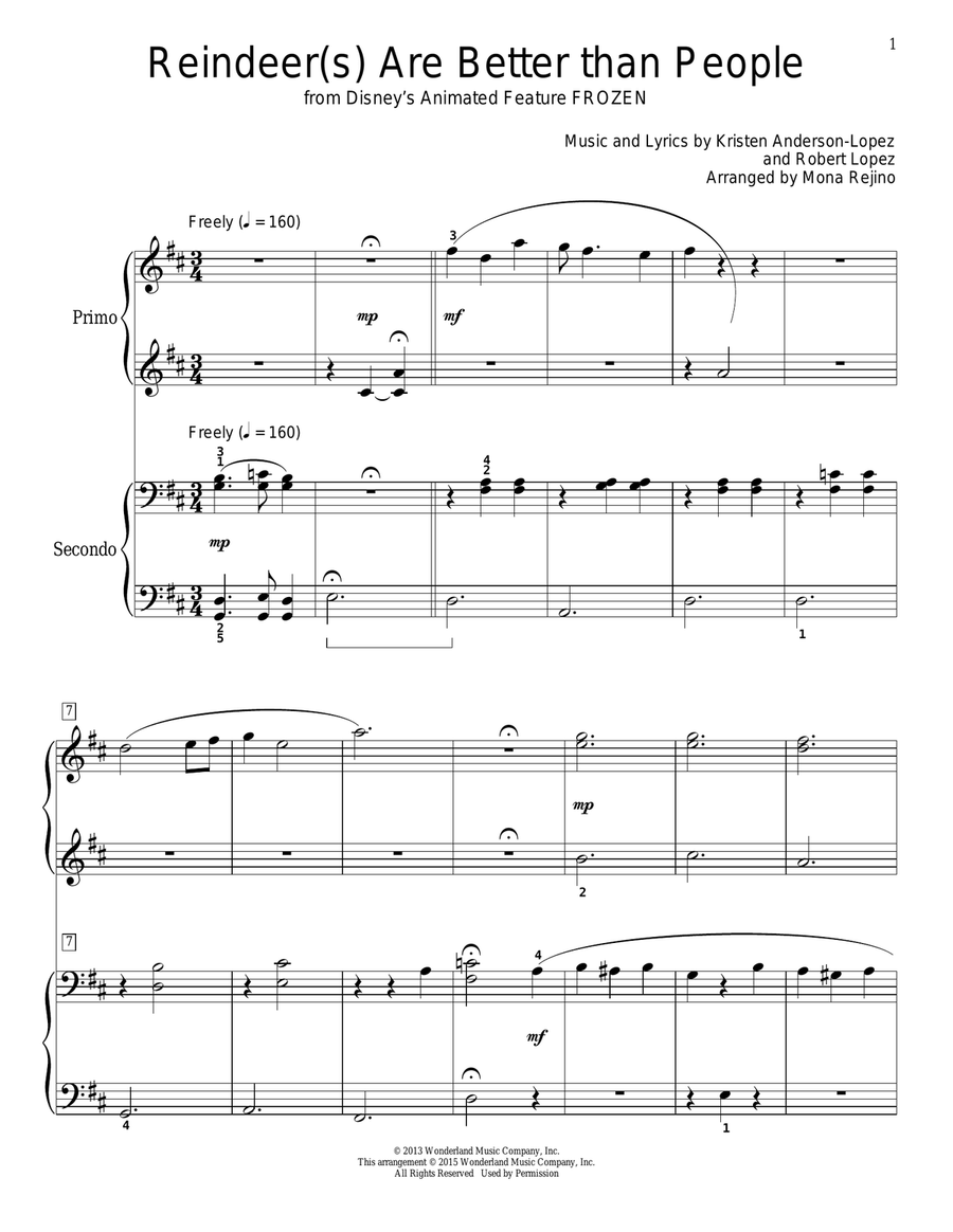 Reindeer(s) Are Better Than People (from Disney's Frozen) (arr. Mona Rejino) Piano Duet scores gallery preview page 1