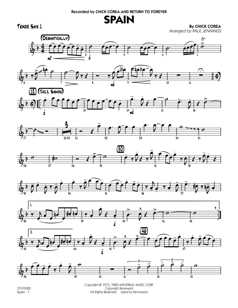 Spain - Tenor Sax 1 Spain - Tenor Sax 1 Tenor Saxophone scores gallery preview page 1