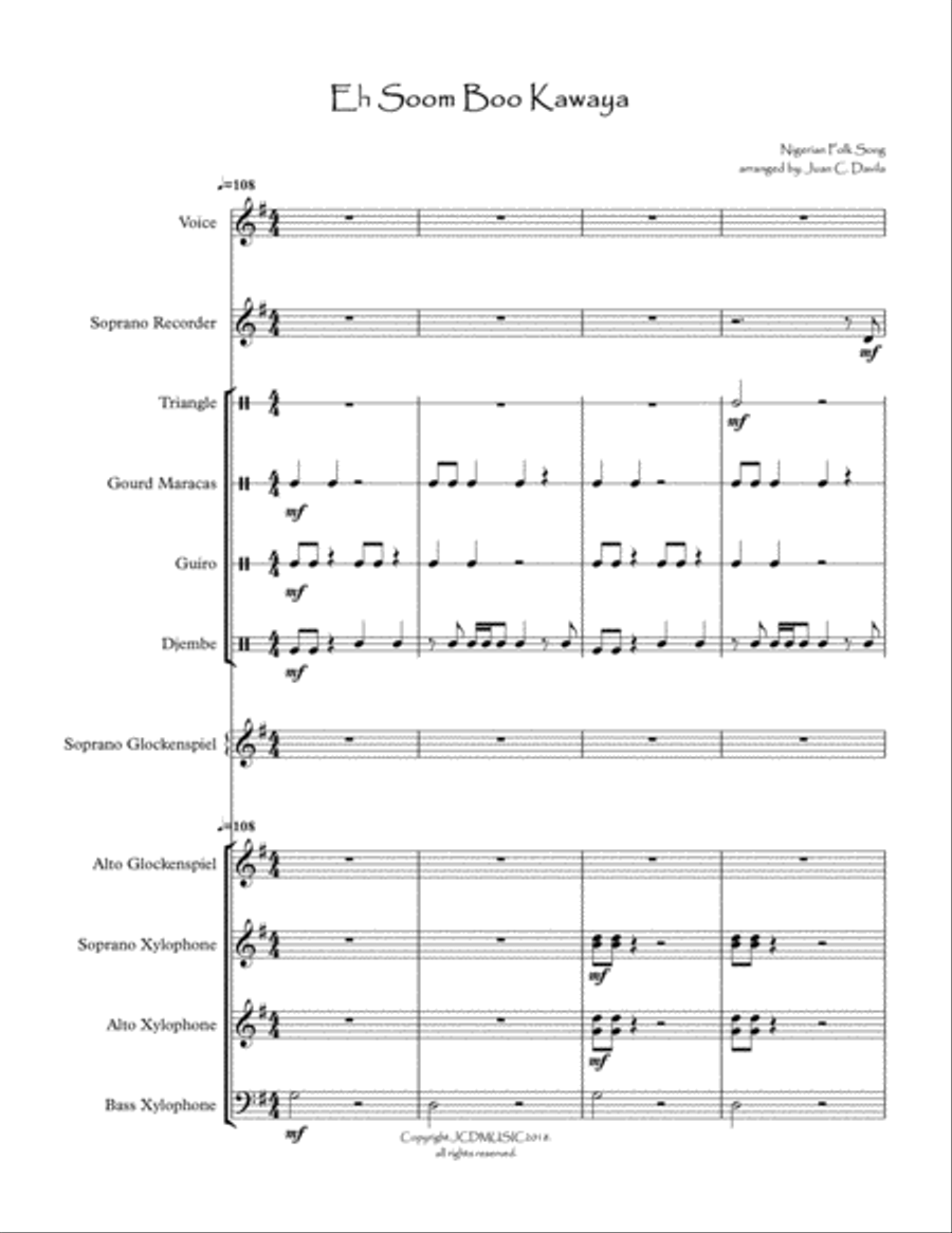 Eh Soom Boo Kawaya (African Folk Song) arranged for Orff Ensemble Orff Instrument scores gallery preview page 1