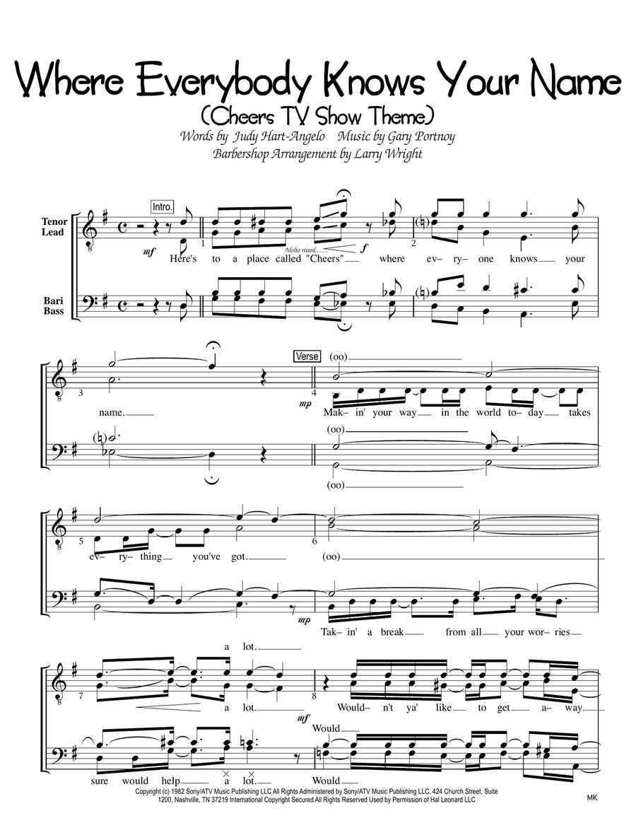 Where Everybody Knows Your Name Theme from the Paramount Television Series CHEERS TTBB scores gallery preview page 1