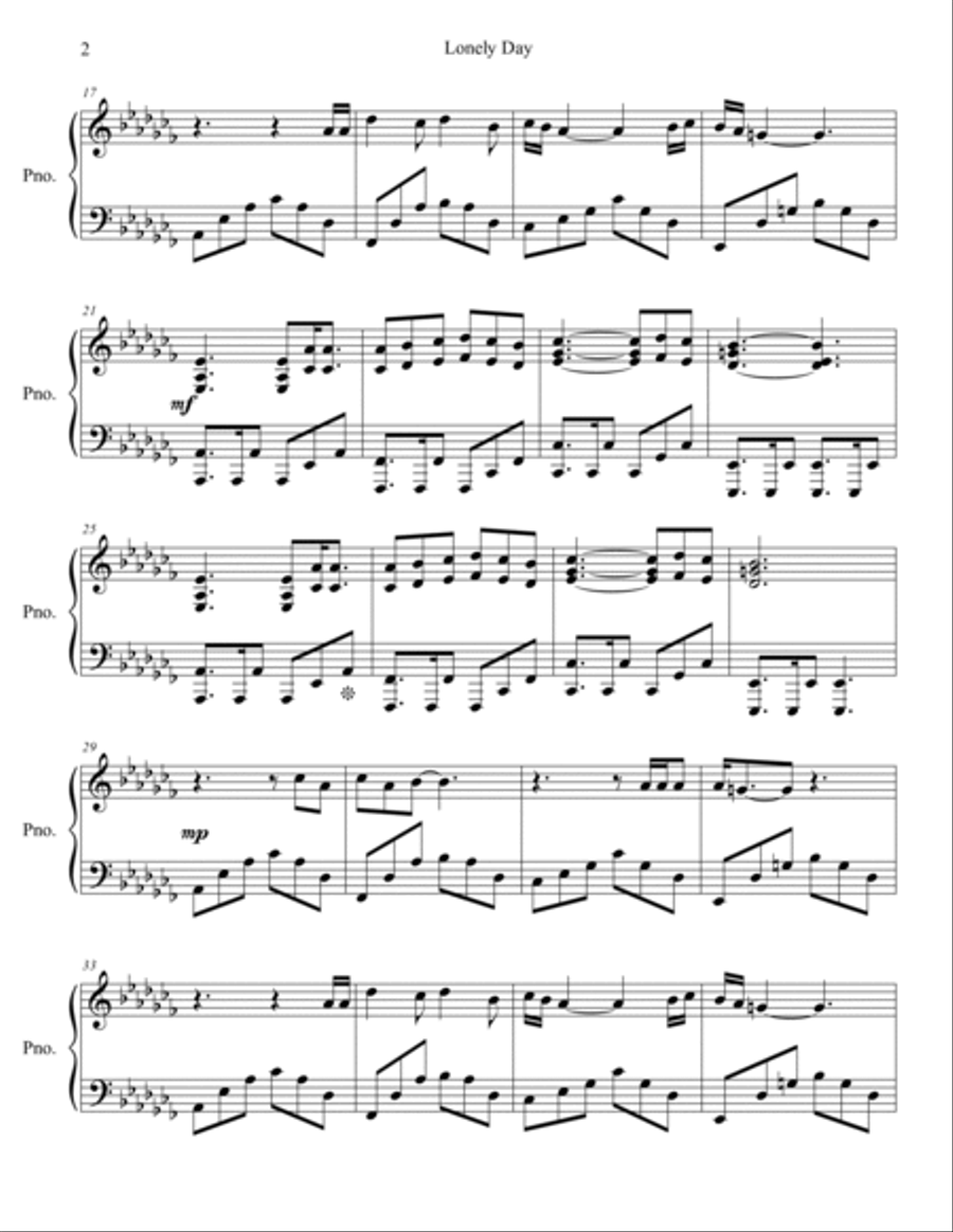 Lonely Day Piano Solo scores gallery preview page 3
