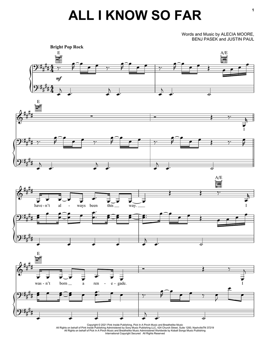 All I Know So Far Piano, Vocal, Guitar scores gallery preview page 1