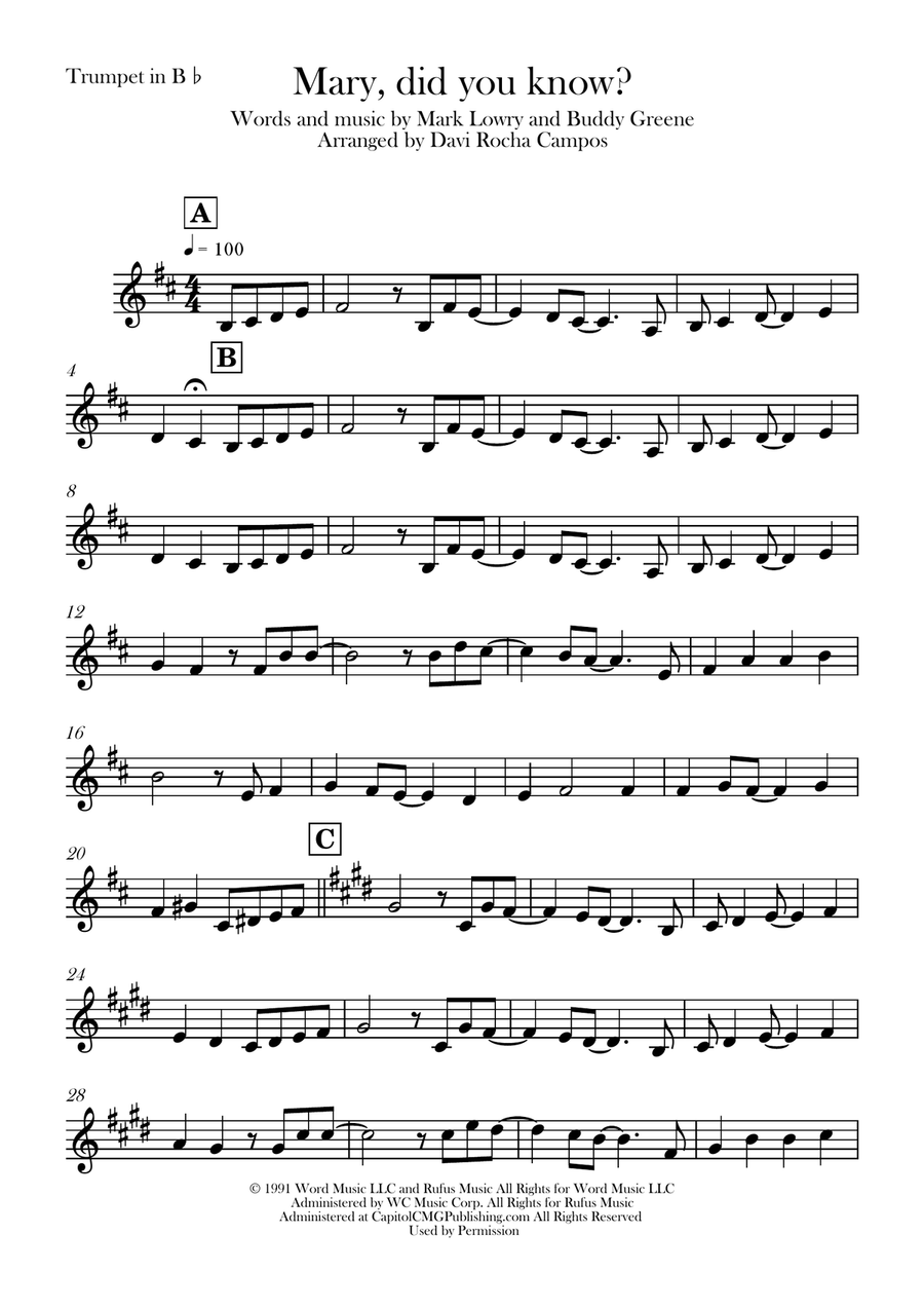 Mary, Did You Know? B-Flat Trumpet scores gallery preview page 1
