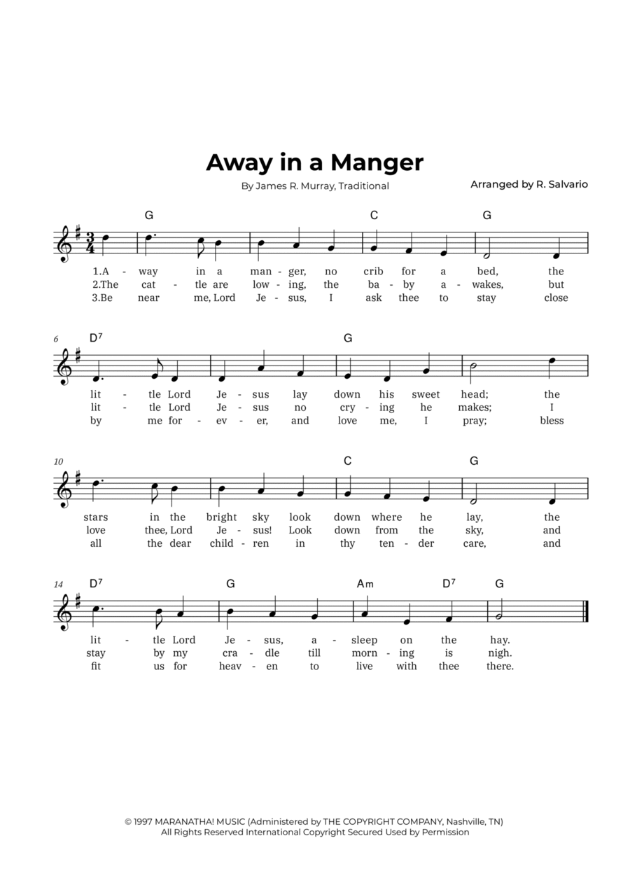 Away in a Manger (Key of G Major) Easy Piano scores gallery preview page 1