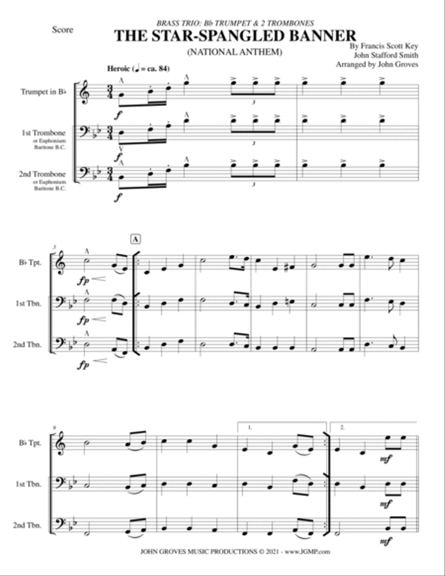 The Star-Spangled Banner (National Anthem) - Trumpet & 2 Trombone (Brass Trio) Brass Trio scores gallery preview page 2