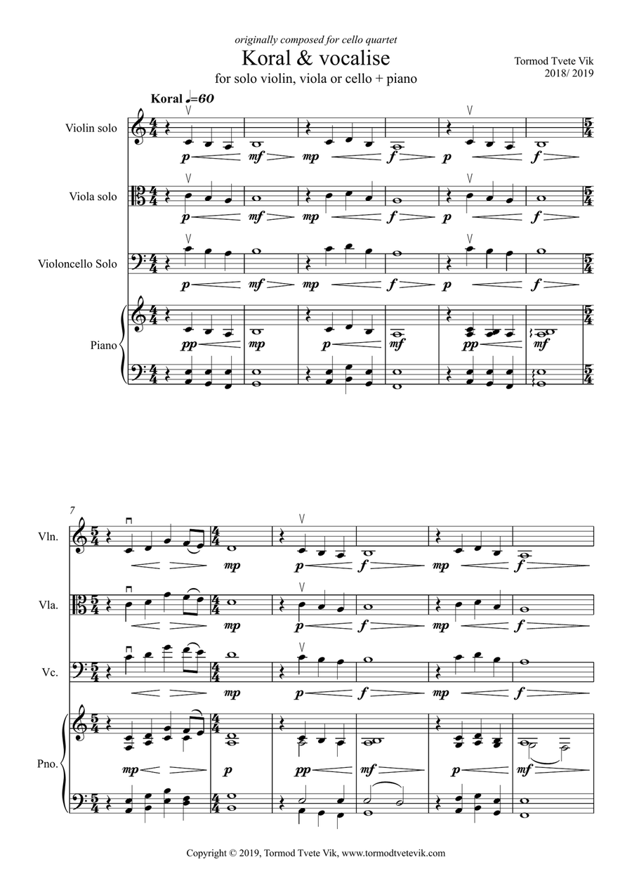 Koral & Vocalise for solo string instrument + piano Piano Quartet scores gallery preview page 1