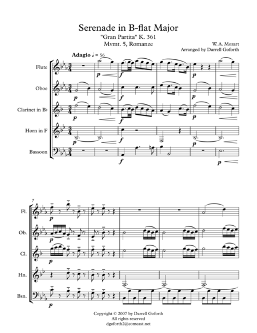 Mozart: Serenade in Bb Major, K. 361 (Gran Partita) for Wind Quintet Mvmt. 5 (Romanze) Woodwind Quintet scores gallery preview page 1