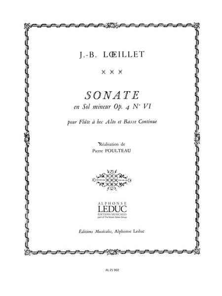 Loeillet De Gant Sonata G Minor Op 4 No 6 Treble Recorder & Bcont Bk