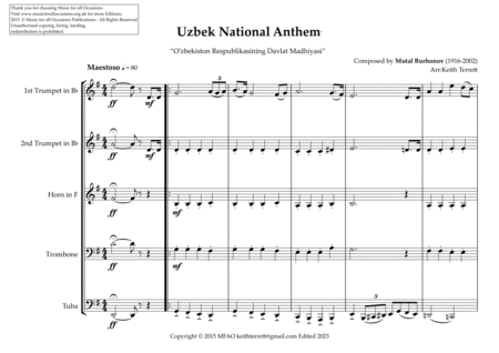 Uzbek National Anthem’ "O’zbekiston Respublikasining Davlat Madhiyasi" for Brass Quintet image number null