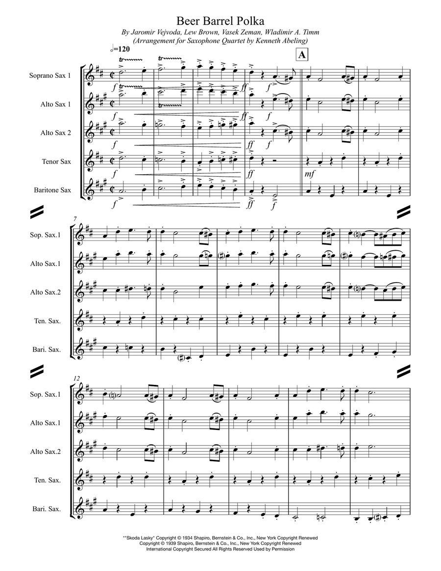Beer Barrel Polka (roll Out The Barrel) Saxophone Quartet scores gallery preview page 2