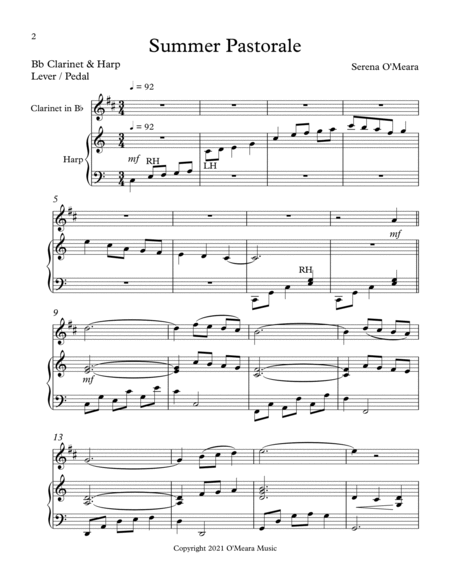 Summer Pastorale, Duet for Bb Clarinet & Harp by Serena O'Meara B-Flat Clarinet - Digital Sheet Music