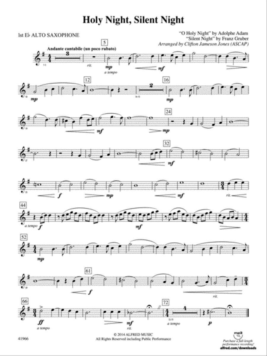 Holy Night Silent Night E flat Alto Saxophone by Adolphe Charles