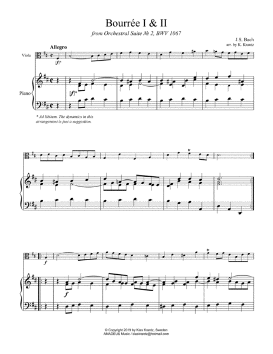 Bourree Suite 2 BWV 1067 for viola and piano