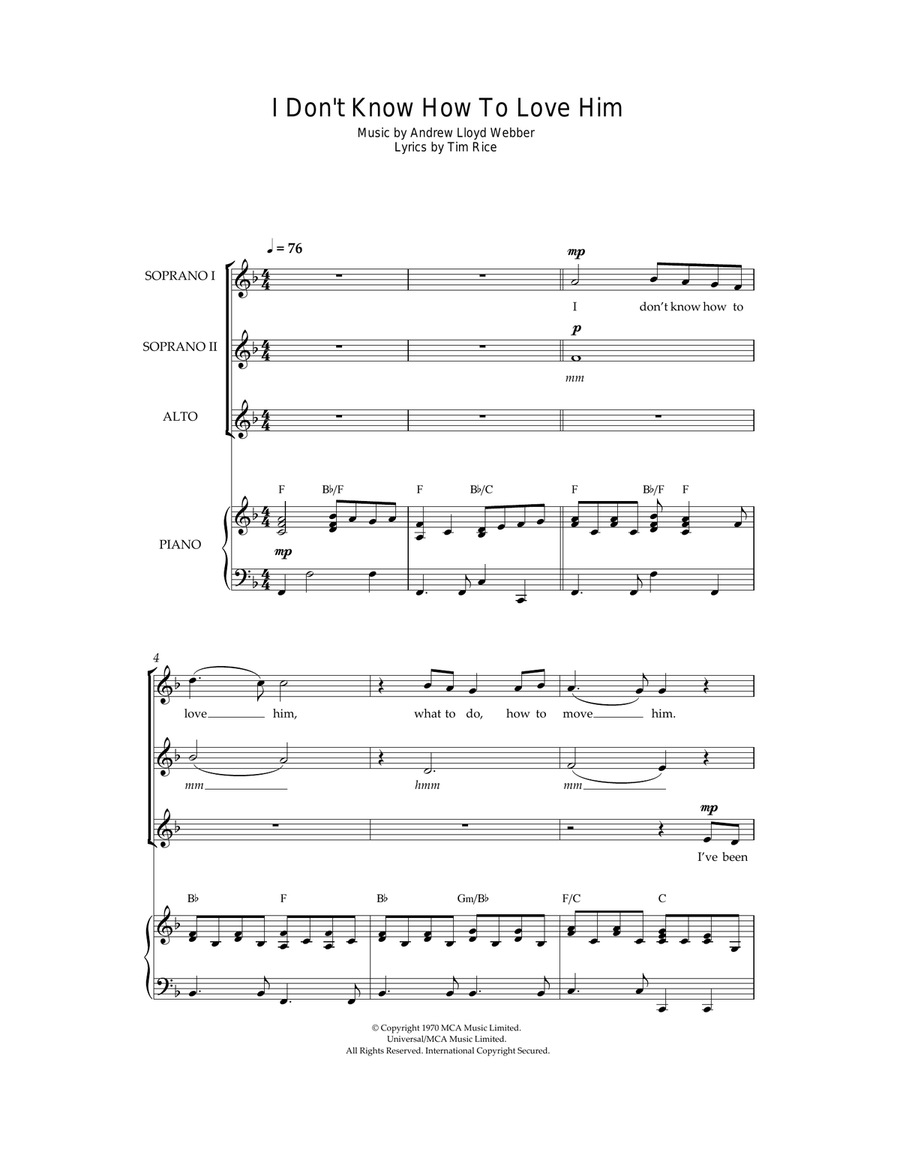 I Don't Know How To Love Him (from Jesus Christ Superstar) (arr. Jeremy Birchall) SSA scores gallery preview page 1