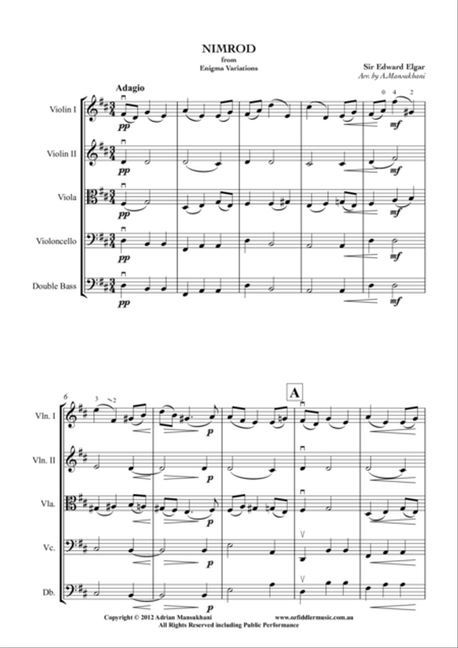 Nimrod, from Enigma Variations, by Sir Edward Elgar. Arranged for String Orchestra by Adrian Mansukh String Orchestra scores gallery preview page 1