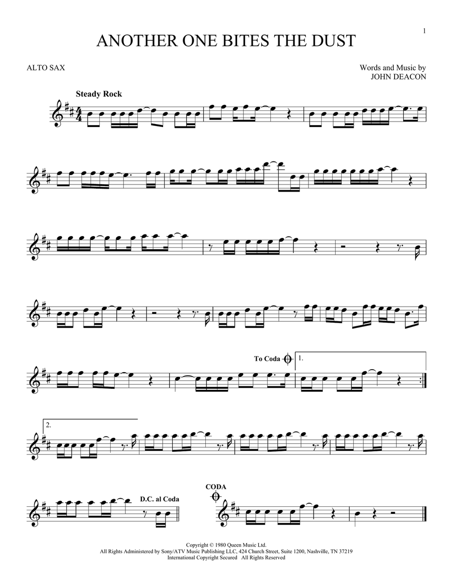 Another One Bites The Dust sheet music for alto saxophone solo